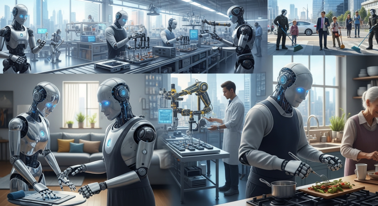 2026년 로봇 혁명이 시작되는 모습을 나타내는 다양한 휴머노이드 로봇의 현실적인 이미지