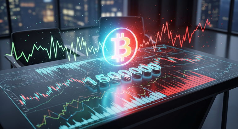 비트코인 15만 달러 전망의 기대와 현실을 상징하는 이미지