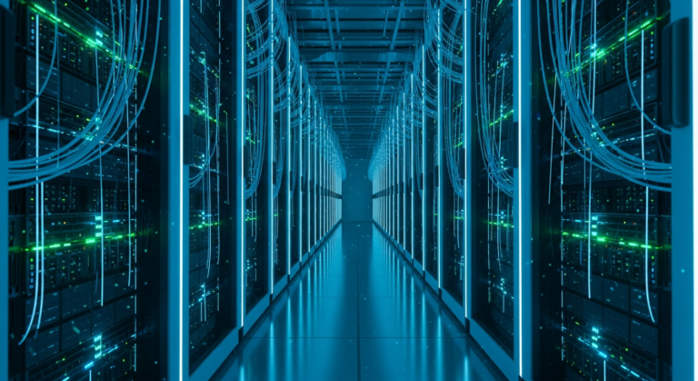 2026년 AI 기술을 뒷받침하는 추상적인 데이터센터와 서버 인프라 이미지