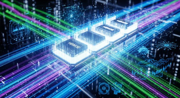 AI 시대 고대역폭 메모리 HBM3E의 빠른 데이터 처리 속도를 상징적으로 나타낸 이미지