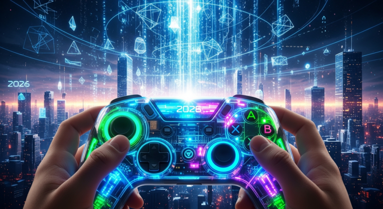 2026년 게임 산업의 새로운 시작을 상징하는 미래형 게임 컨트롤러와 디지털 세계