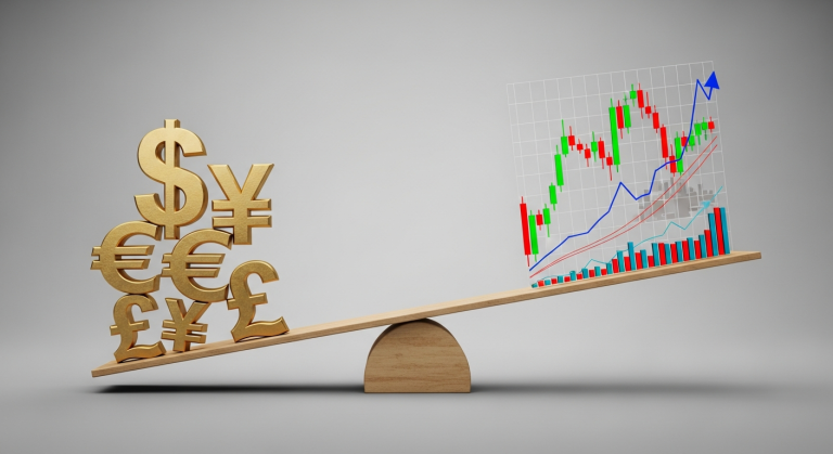 시소 위에 올려진 환율과 주가를 상징하는 이미지