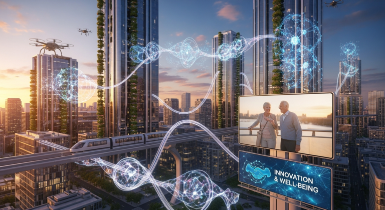 맑은 하늘과 첨단 기술, 고령화 인구와 정부 지원을 상징하는 미래 도시 풍경 이미지