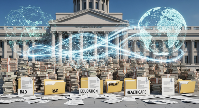 정부 건물과 예산 배분, 글로벌 수출 확대 및 규제 혁신을 상징하는 이미지