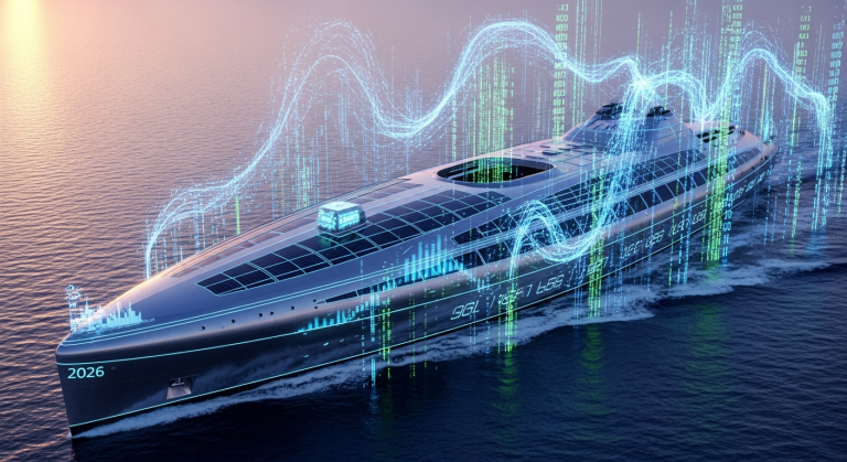 2026년 AI 투자의 대항해시대를 상징하는 미래형 배가 디지털 데이터가 흐르는 바다를 항해하는 이미지