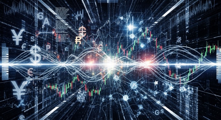2025년 금융 시장의 복잡한 데이터와 AI를 시각적으로 표현한 추상 이미지