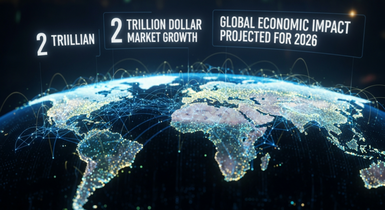 2026년 AI 시장 규모와 글로벌 경제 영향력을 상징하는 미래형 세계 금융 지도