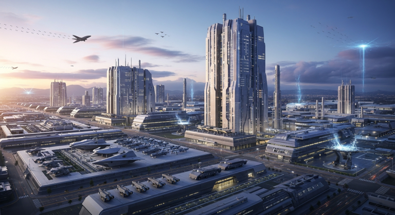 2026년 구조적 성장이 기대되는 한국 방산 산업의 미래를 상징하는 미래형 방위산업 단지의 실사 스타일 이미지