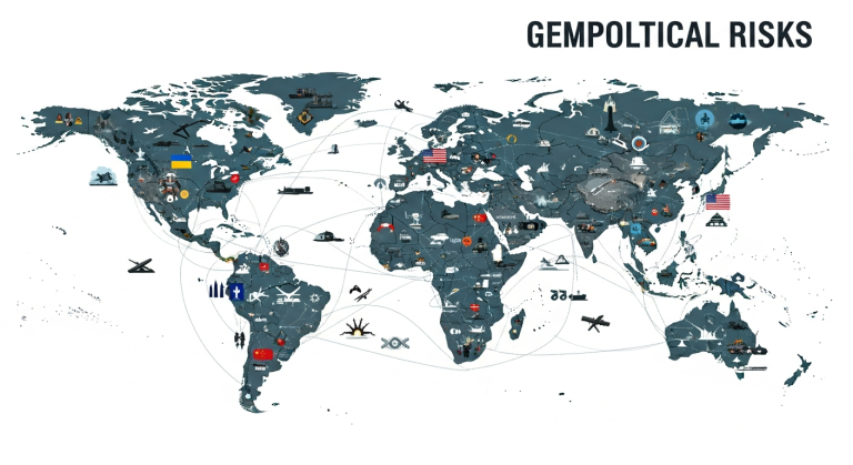 글로벌 지정학 리스크와 지역별 군사 긴장 상황을 상징하는 추상적 군사 지도 이미지
