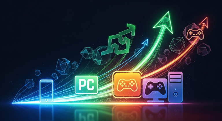 글로벌 게임 시장 성장과 플랫폼별 차별화된 성장세를 추상적으로 표현한 이미지