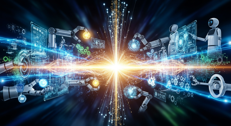 글로벌 로봇 시장의 자동화에서 지능화로 진화하는 추상적 상징 이미지