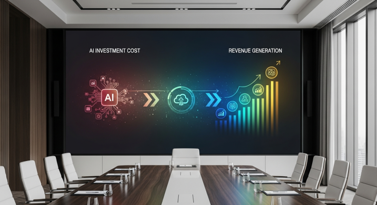 빅테크 기업들이 AI 투자 비용에서 수익으로 전환하는 모습을 상징하는 디지털 화면이 있는 회의실 이미지