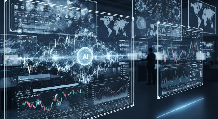 2026년 AI 기반 환율 주가 분석을 상징하는 미래형 금융 분석실과 디지털 화면