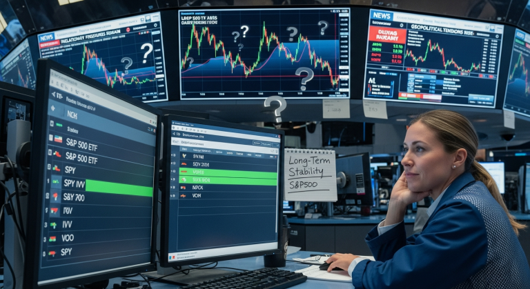 2025년 불확실한 자산시장에서 안정적 장기 투자처로 주목받는 S&P500 ETF를 상징하는 이미지