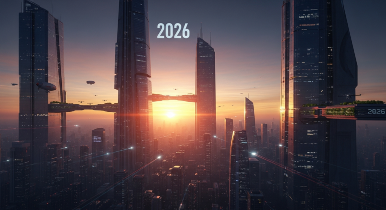 2026년 위기와 기회가 공존하는 경제 서막을 상징하는 미래 도시와 여명