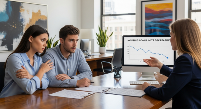 대출 한도 축소로 고민하는 젊은 부부와 금융 상담사의 모습