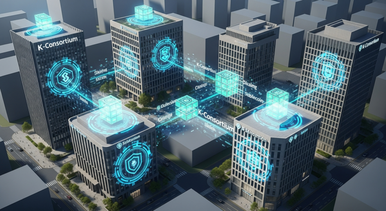 주요 은행들의 협력과 블록체인 기술을 상징하는 이미지