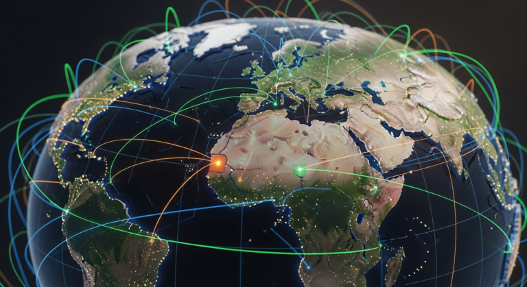 지경학적 분절화를 상징하는 세계 경제 블록과 디지털 연결망 이미지