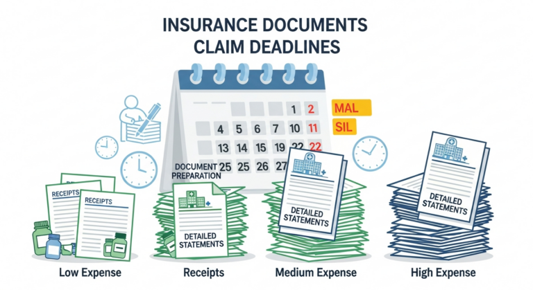 진료비 금액별 실비보험 청구서류 준비와 청구 유효기간을 상징하는 이미지