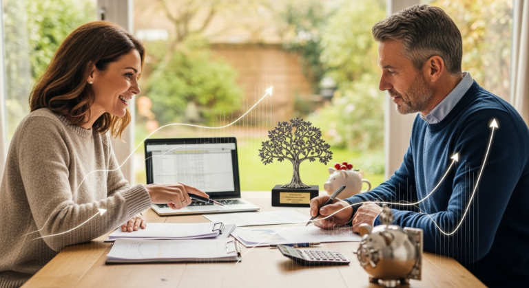 행복한 중년 부부가 노후 준비와 절세 계획을 위해 금융서류를 살펴보는 모습