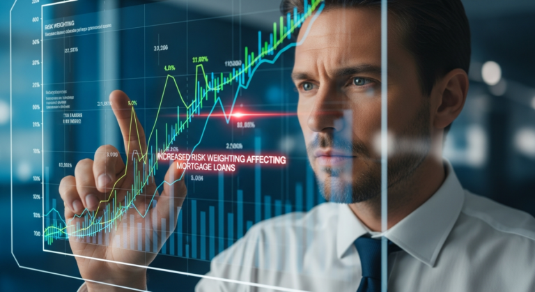 위험가중치 상향 메커니즘을 상징하는 은행 직원의 디지털 차트 분석 장면