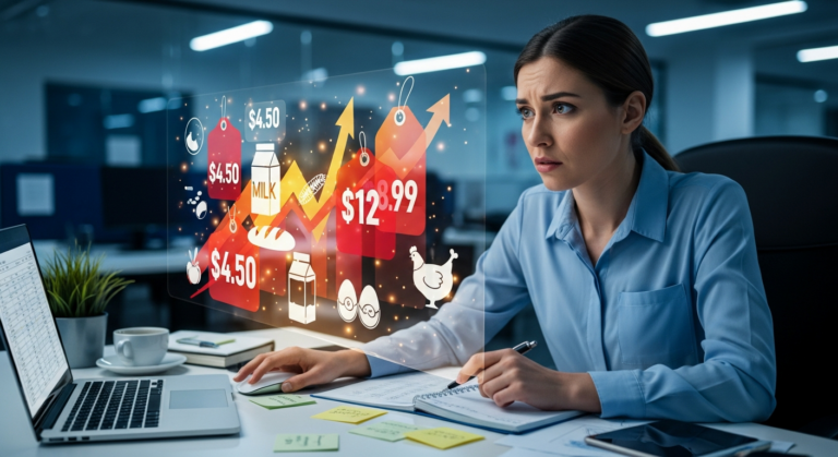 고물가 시대에 지친 직장인이 상승하는 물가를 걱정하는 모습