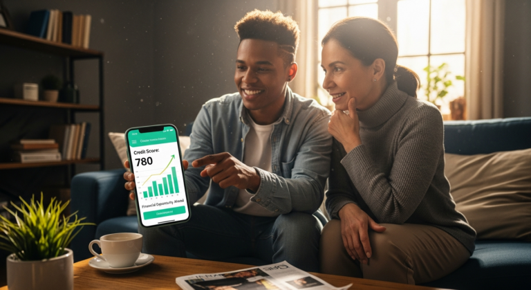 2026년에 신용점수를 확인하는 젊은 사회초년생과 주부의 모습