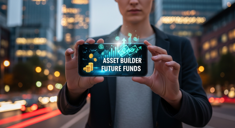 청년이 스마트 기기를 들고 미래지향적인 금융 앱을 사용하는 모습, 청년 자산 형성의 새로운 기회를 상징