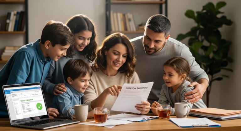 2026년 다자녀소득공제 강화로 혜택을 받는 가족이 세금 서류를 보며 환하게 웃는 모습